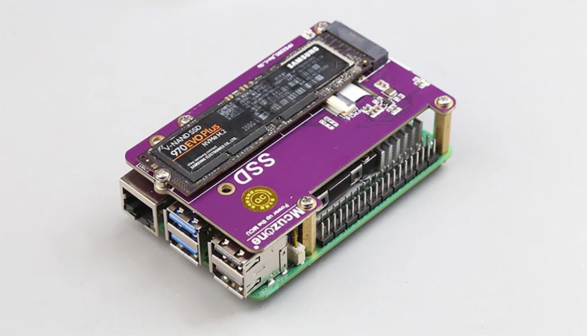 NVMe SSD in an adapter on top of a Raspberry Pi 5