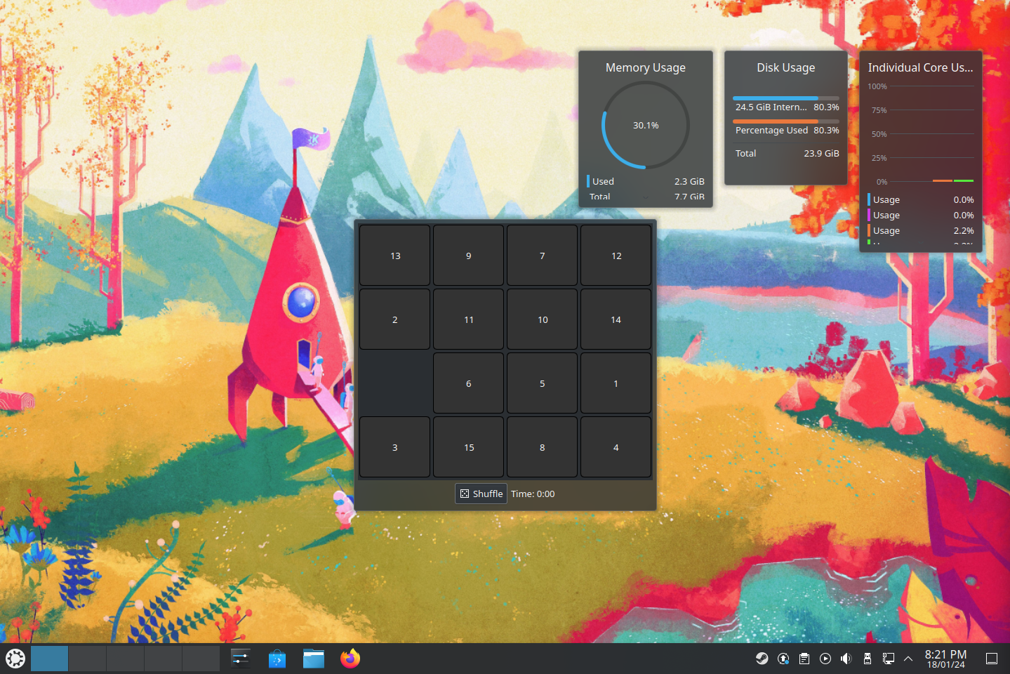 Play Activity with puzzle game widget and system resource monitoring widgets