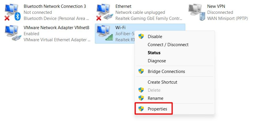 Properties option in connection context menu.