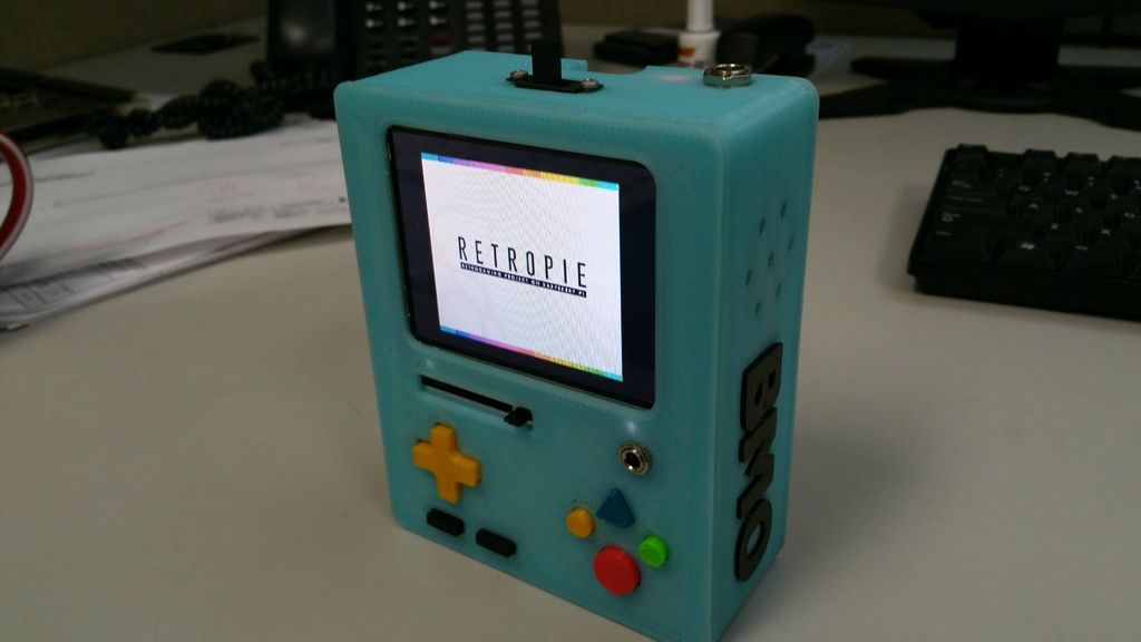 Raspberry Pi A+ case in the shape of BMO, character from Adventure Time, running RetroPie