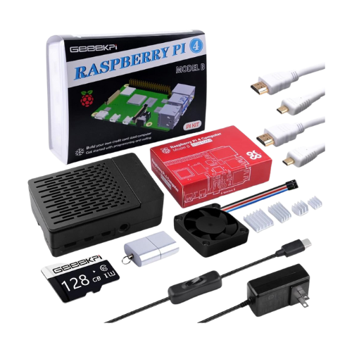Raspberry Pi GeeekPi Kit with case, microSD card, power supply, fan, and HDMI cables.