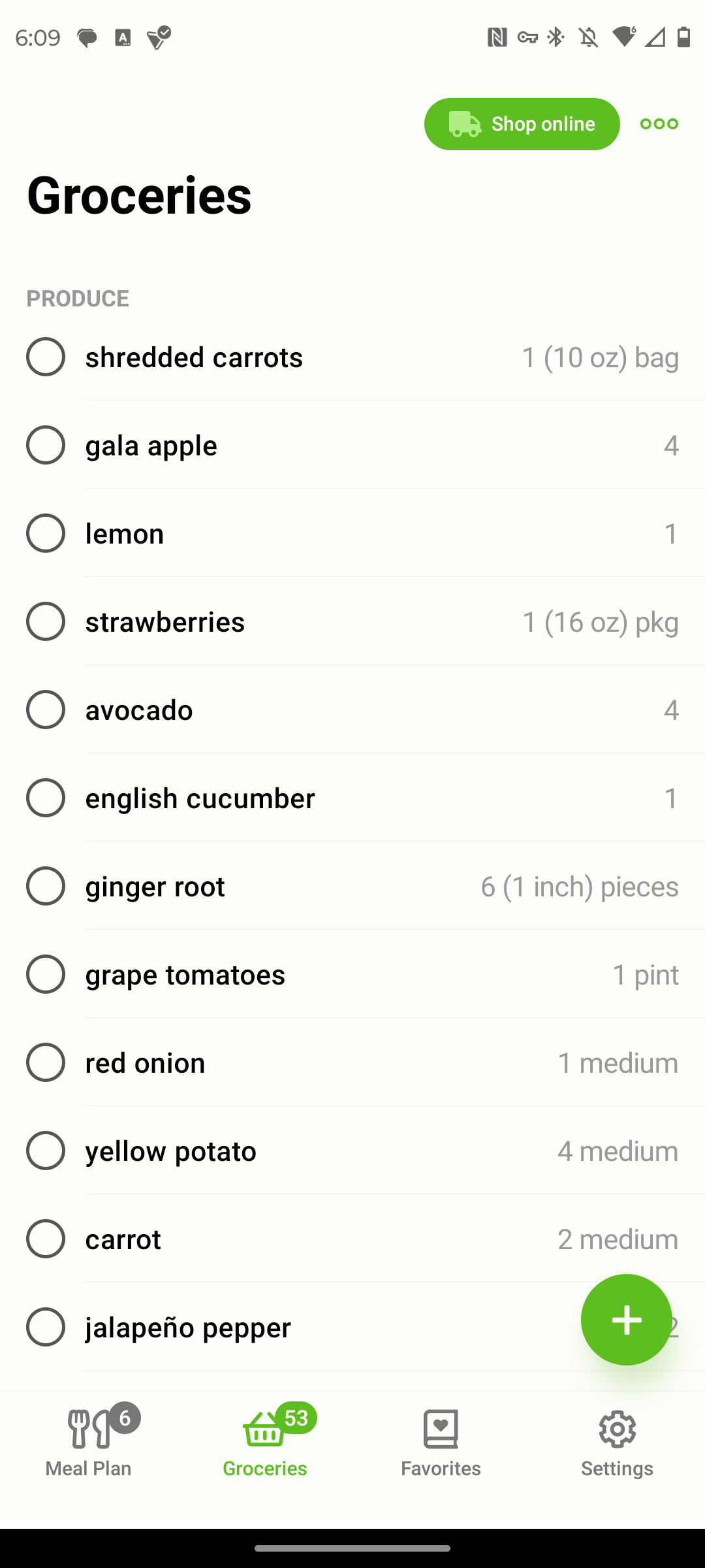 The Mealime app displaying a grocery list