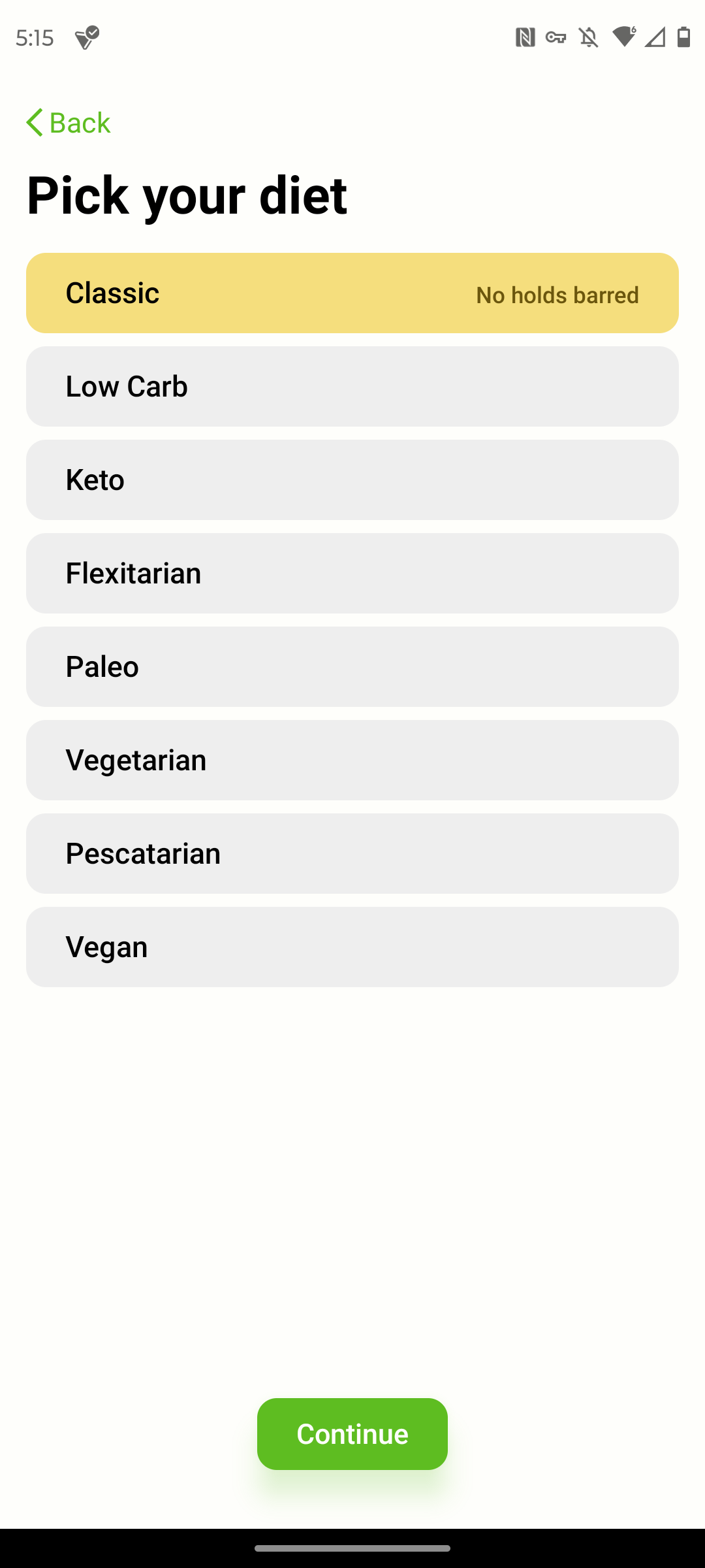 The Mealime app prompting you to pick a diet