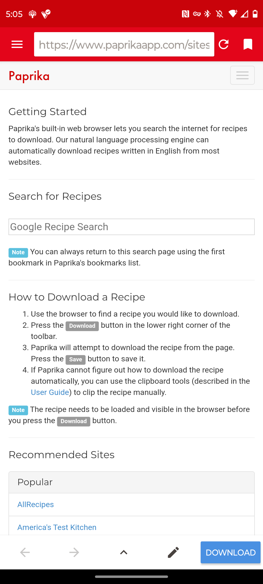Paprika app showing how to import a recipe