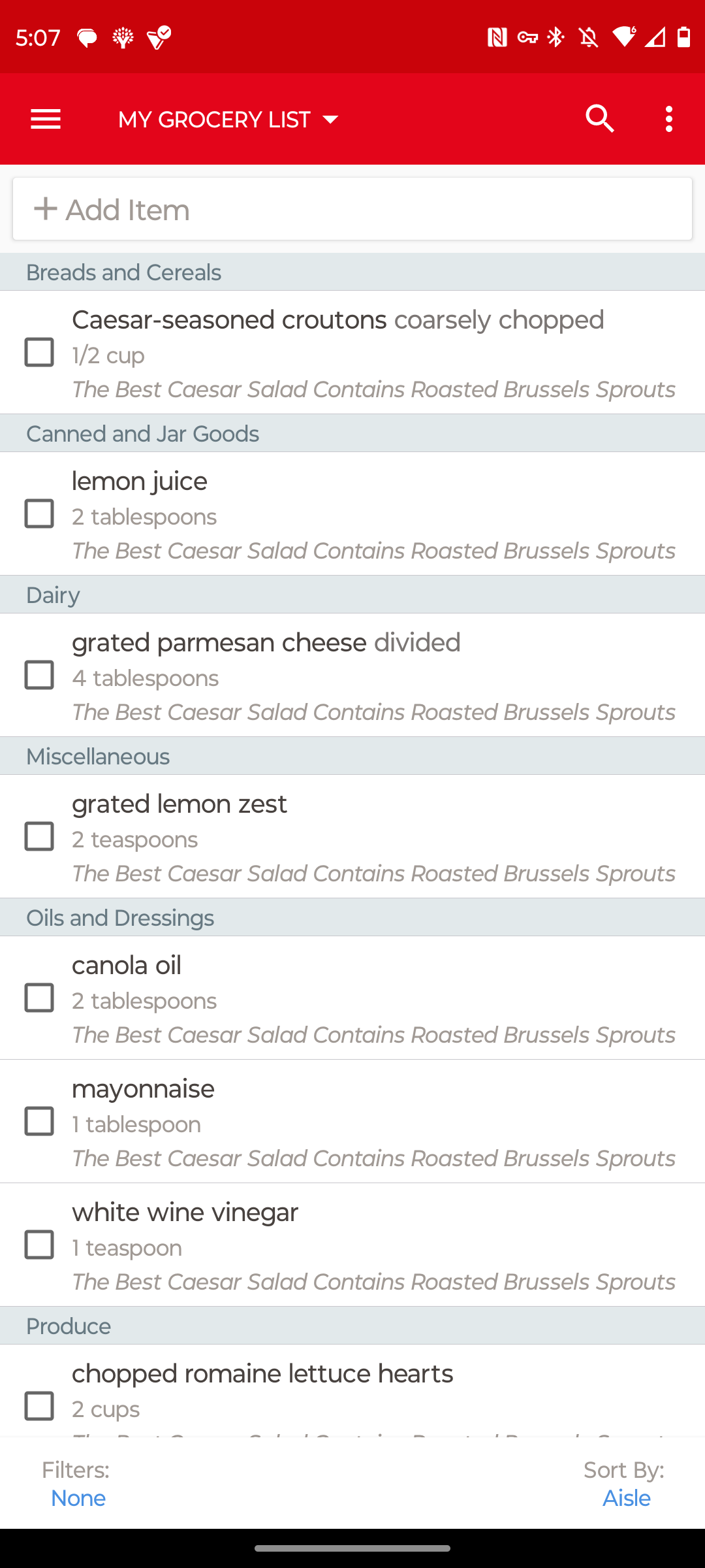 A grocery list in the Paprika Android app
