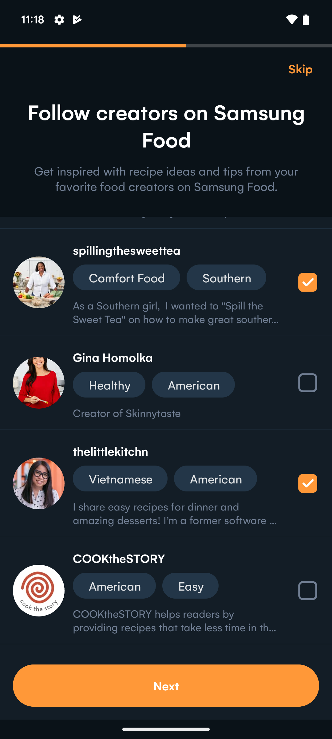 Following creators in the Samsung Food app