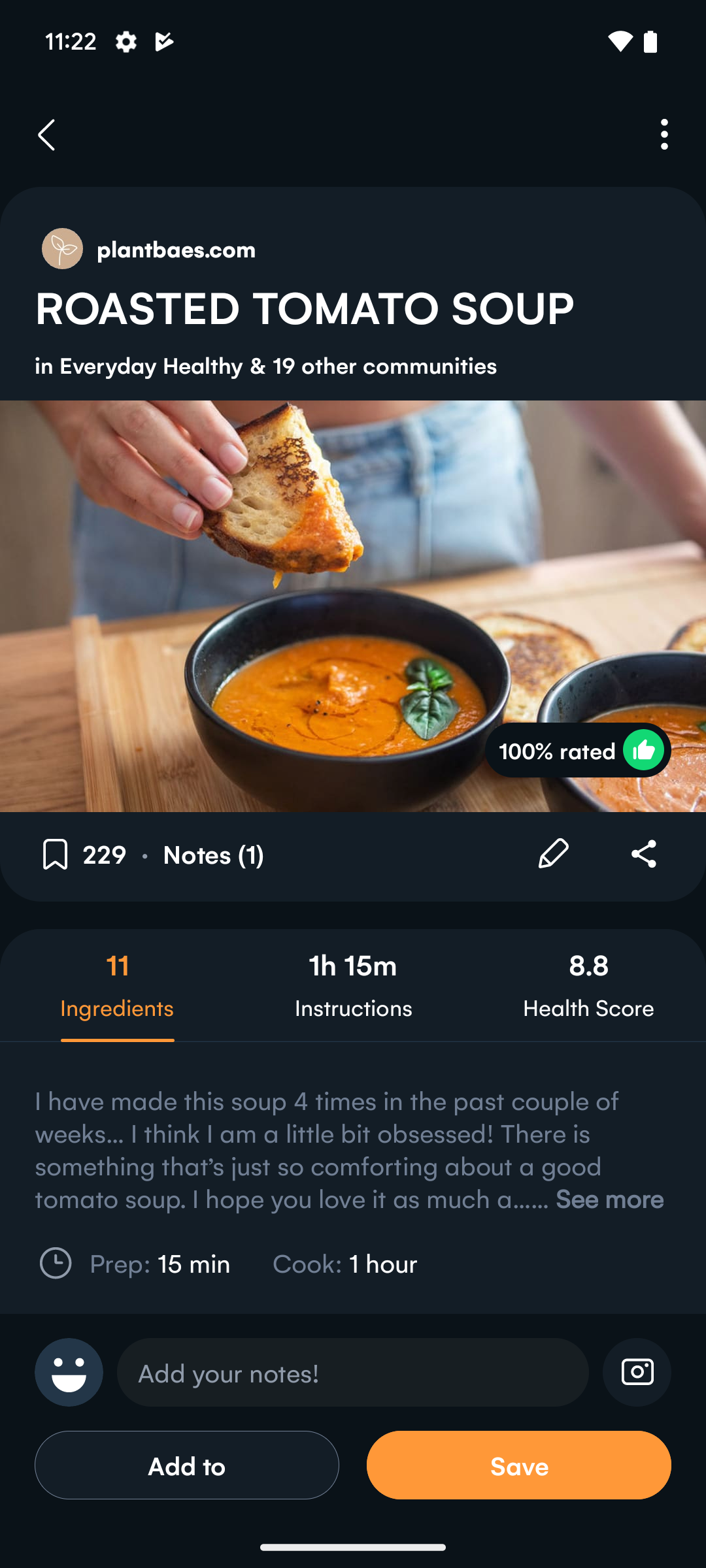 Samsung Food app displaying a recipe