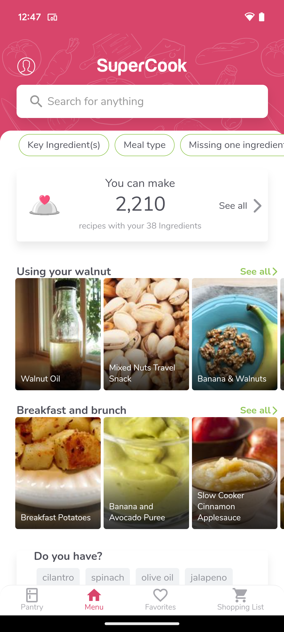 SuperCook app displaying recommended recipes