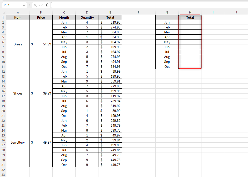 Microsoft Excel sheet showing data relating to three items and a blank 'Total' table where the totals will be added together using relative references.