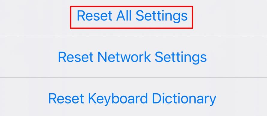 Reset All Settings option in the iPhone Settings app.