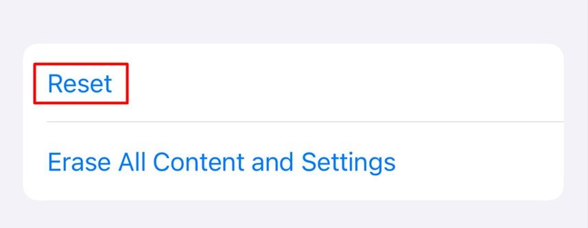 Reset option in the iPhone Settings app.