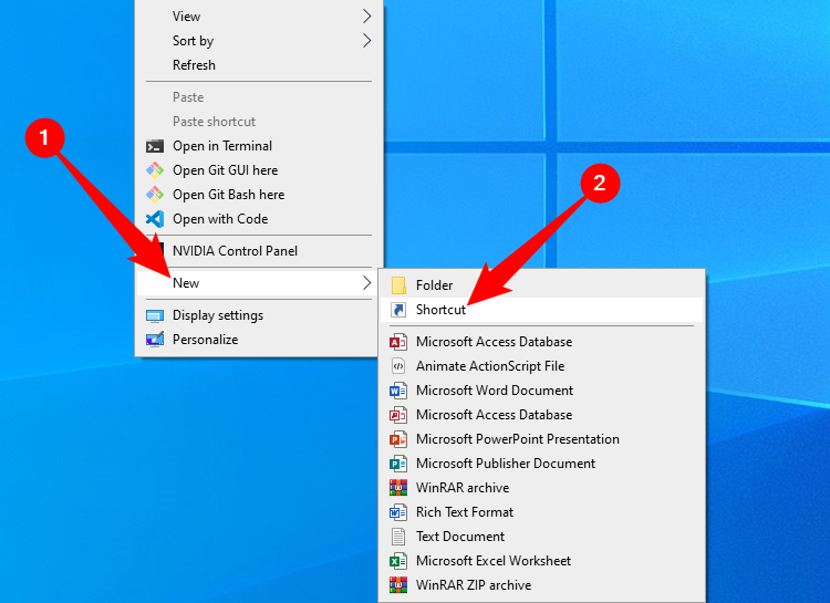 Right-click empty space on your desktop, then go to New > Shortcut. 