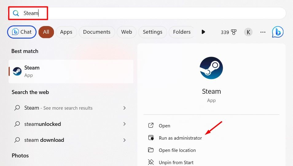 Run as administrator option for Steam in the Start menu.
