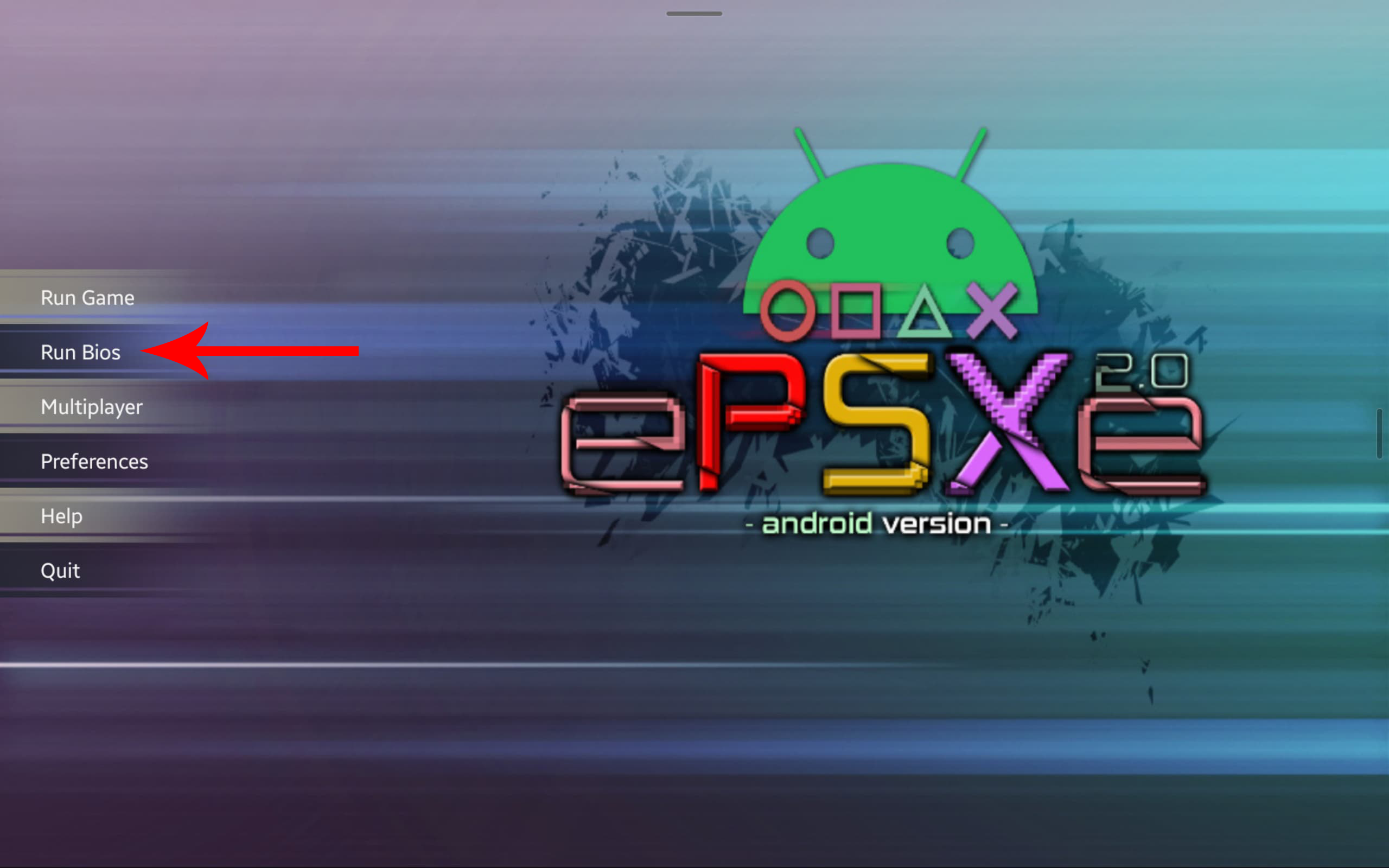 Screenshot of the ePSXe emulator homescreen with an arrow pointing at the 'Run Bios' button.
