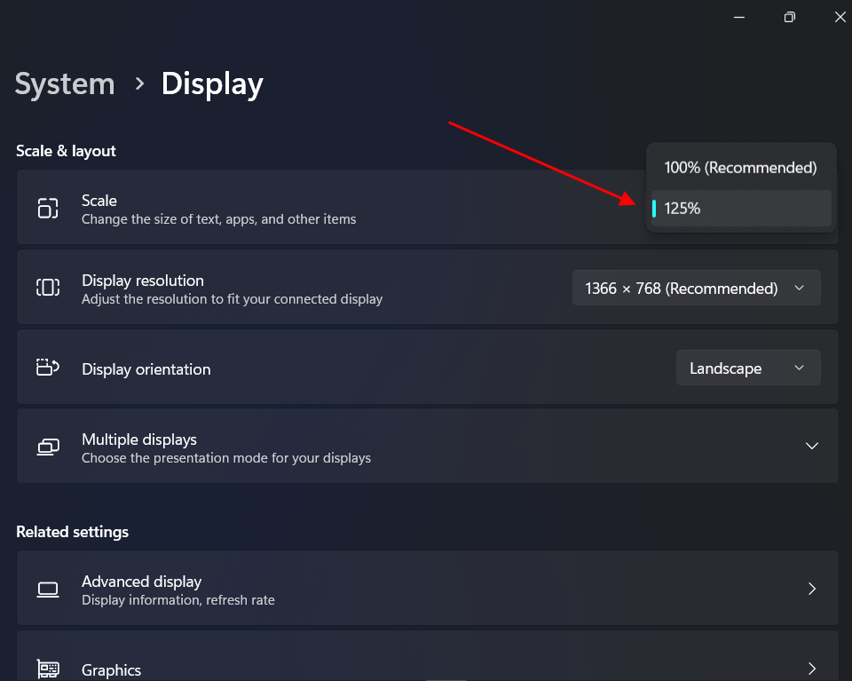 Scaling settings being highlighted on Windows 11.