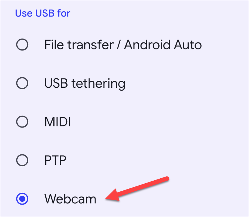 Choosing webcam as the USB method.