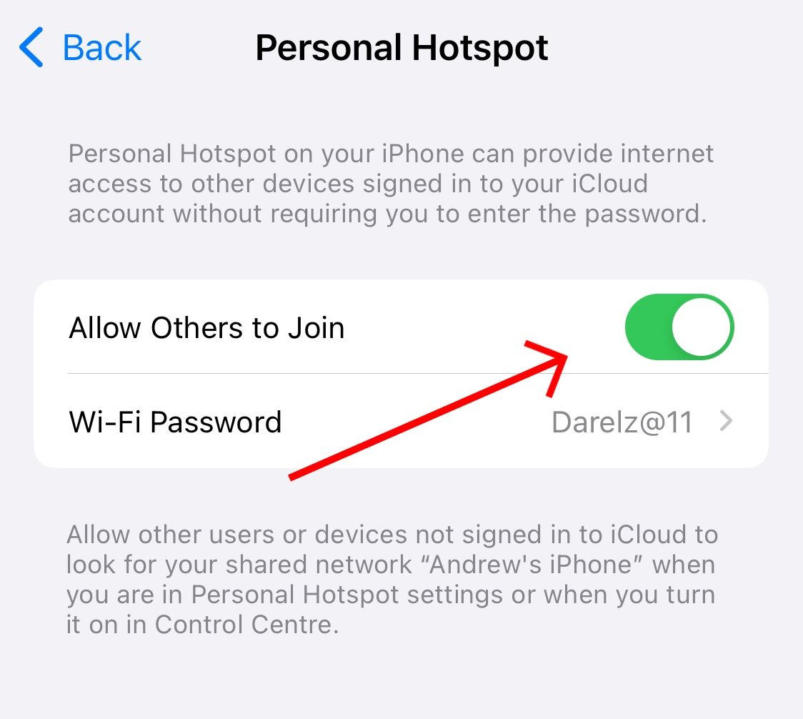 Select 'Allow Others to Join' under Pesonal Hotspot settings..