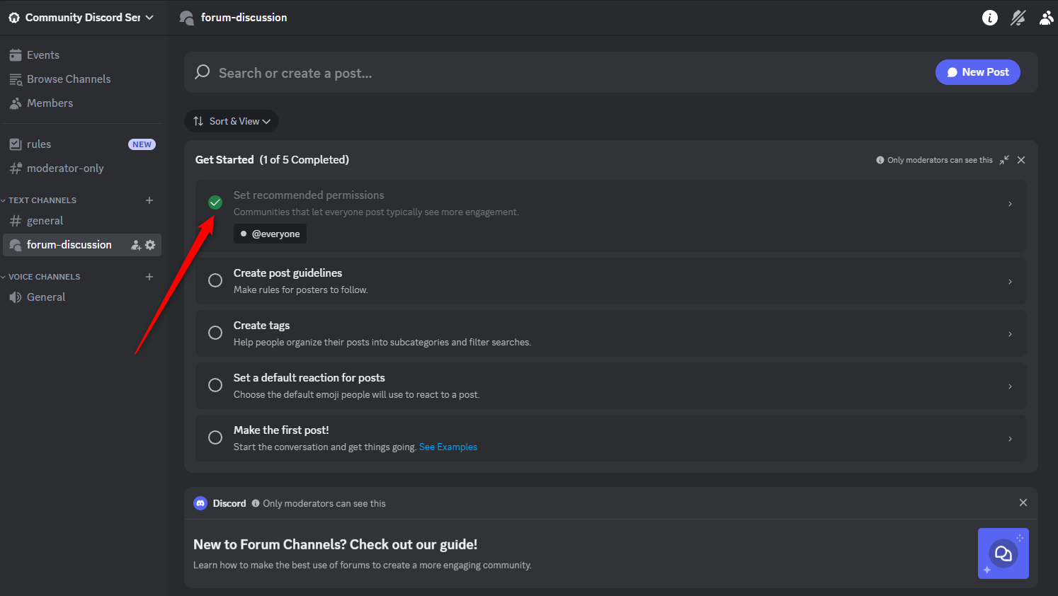 An example of the 'Get Started' menu when creating a Discord Forum channel with the 'Sect recommended permissions' checked off with a green checkmark.