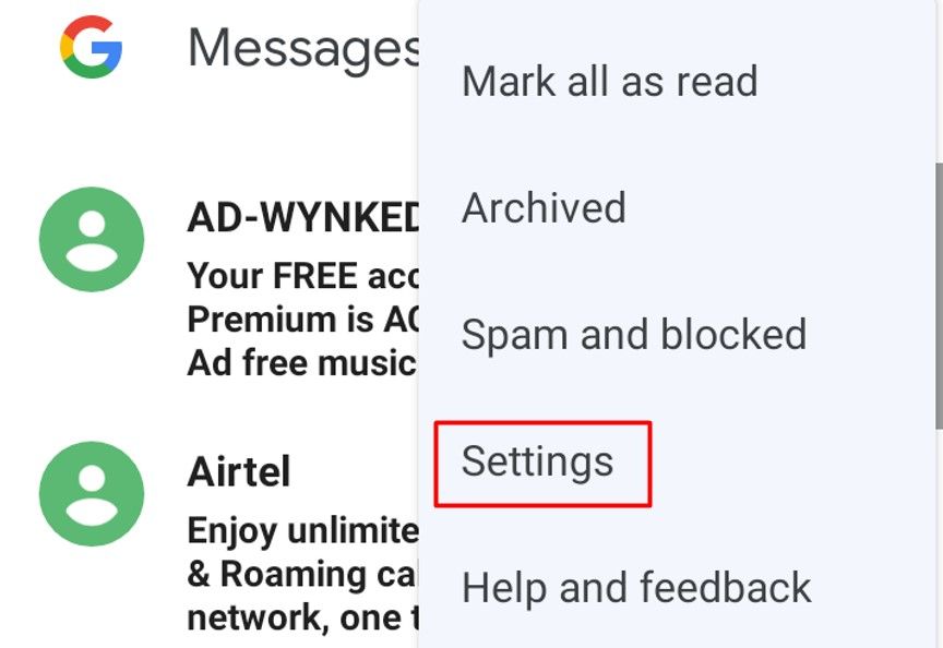 Settings option in the Google Messages app.