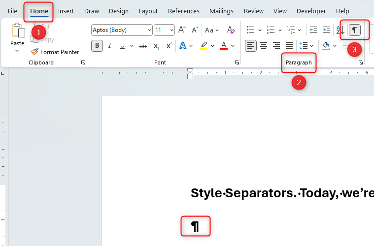 Word document showing how to access the Show/Hide button in the Paragraph group.