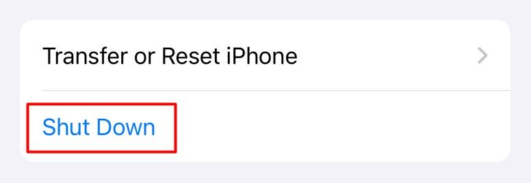 Shut Down option in the iPhone Settings app.