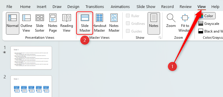PPT window highlighting how to open the Slide Master through the 'View' tab on the ribbon.