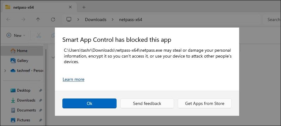 'Smart App Control has blocked this app' notification.