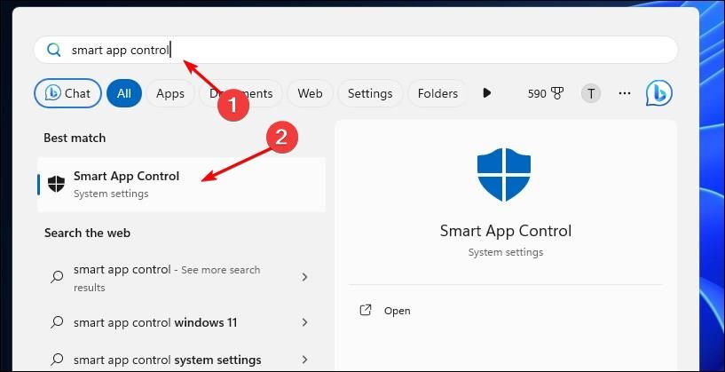 Smart App Control in Windows 11 search.