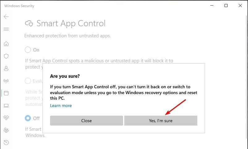Smart App Control confirmation screen when turning off.