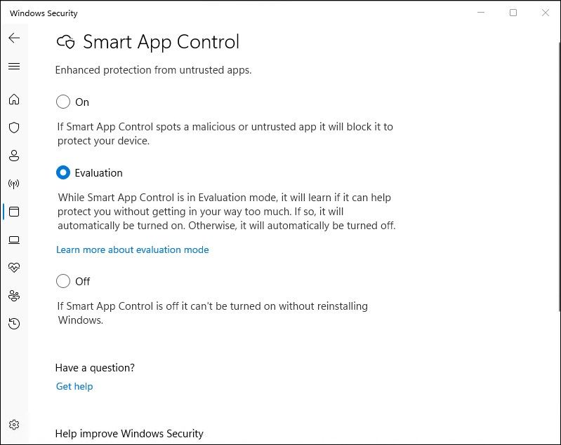 Smart App Control Evaluation mode selected in Windows 11