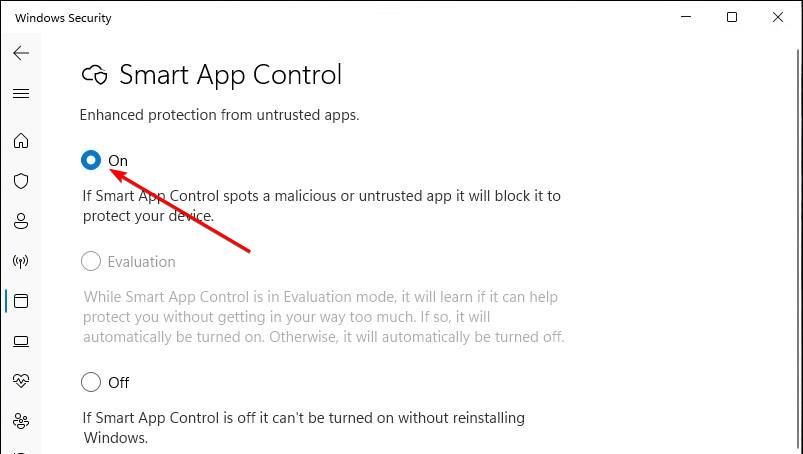 Smart App Control turned on in Windows 11.