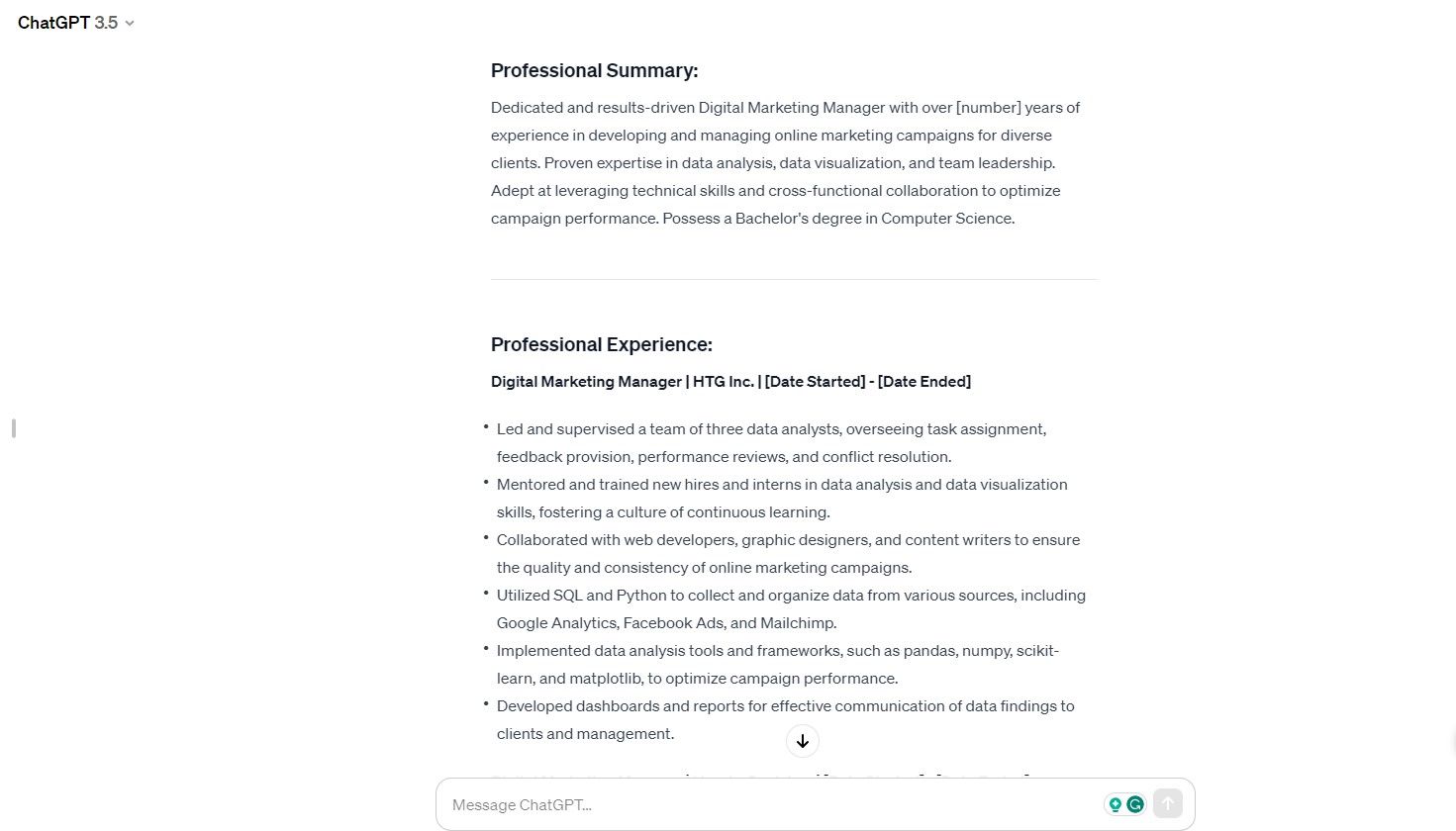 Screenshot of snippet of a ChatGPT-crafted resume 