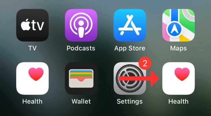 Screenshot of iPhone's home screen with an arrow next to the Health app.