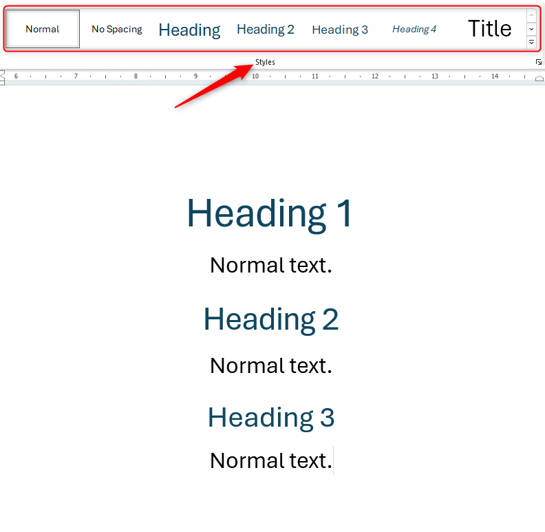 Word document with the style group highlighted in the ribbon and examples of how pre-defined styles appear when used in a Word document.