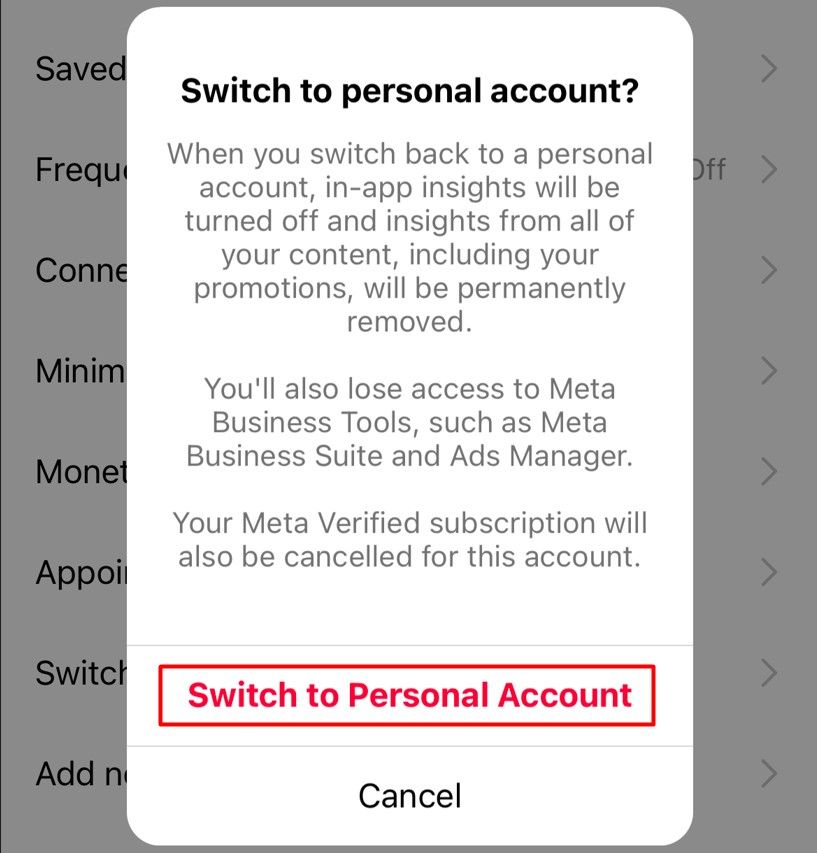 Switch to personal accont confirmation option on Instagram