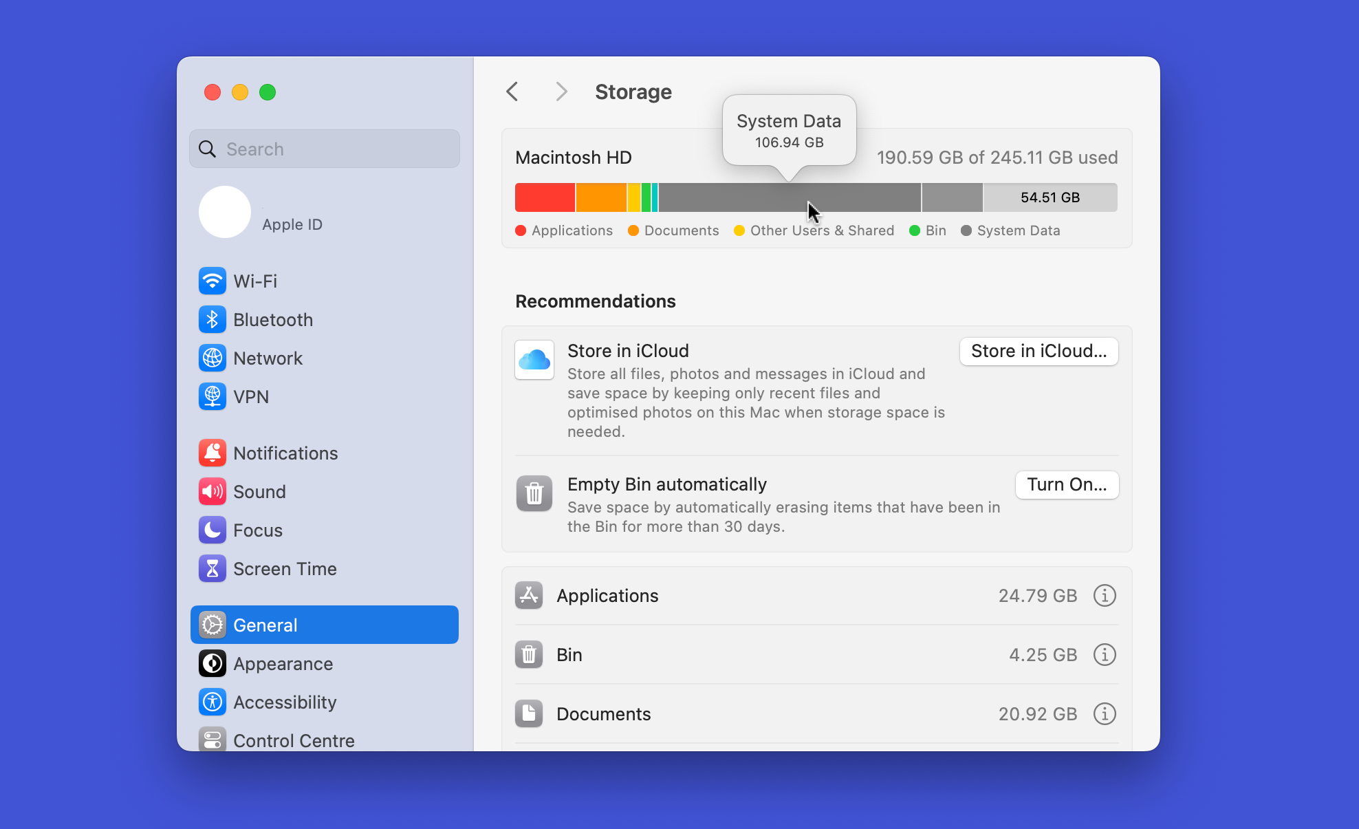 macOS System Settings showing a breakdown of how storage is being used.
