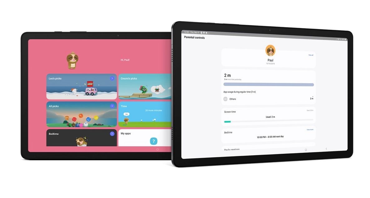 Two tablets showing child-friendly interface and parental controls screen.
