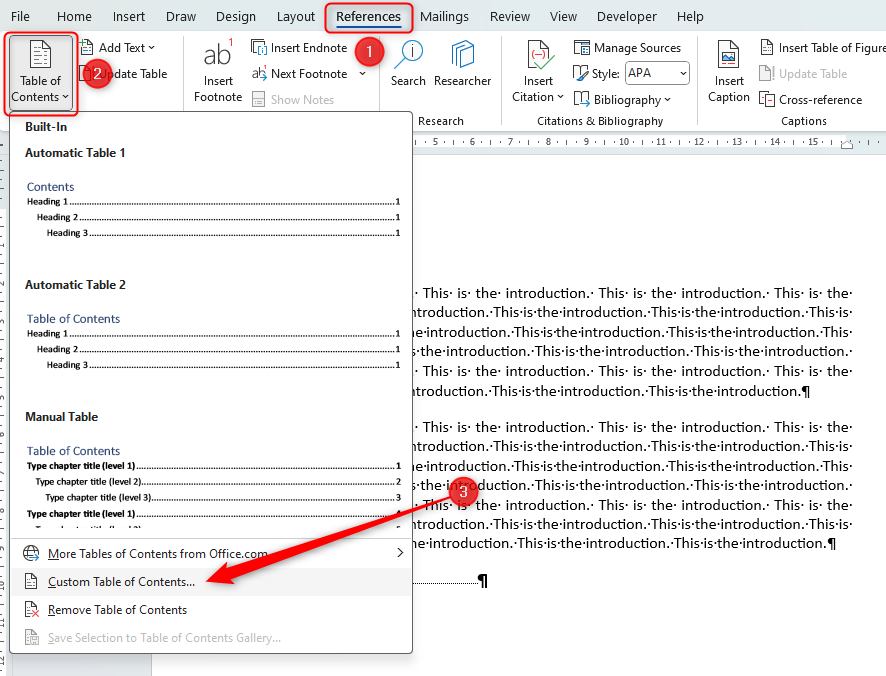 Word document with the 'Table of Contents' menu open and 'Custom Table Of Contents' highlighted.