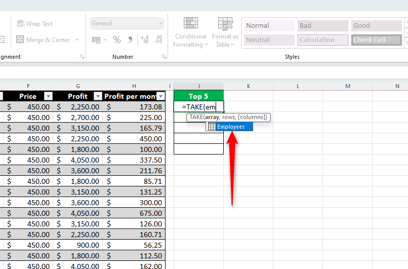 Excel sheet with the first part of the TAKE formula typed into a cell and the table name appearing as an option to include within the formula.