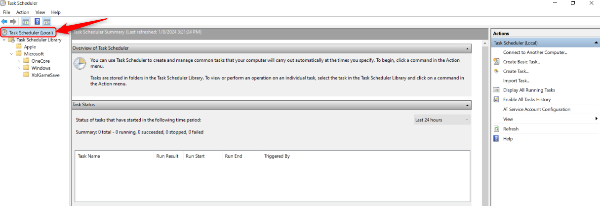 Task Scheduler showing the Task Scheduler (Local) and Task Scheduler Library folder.