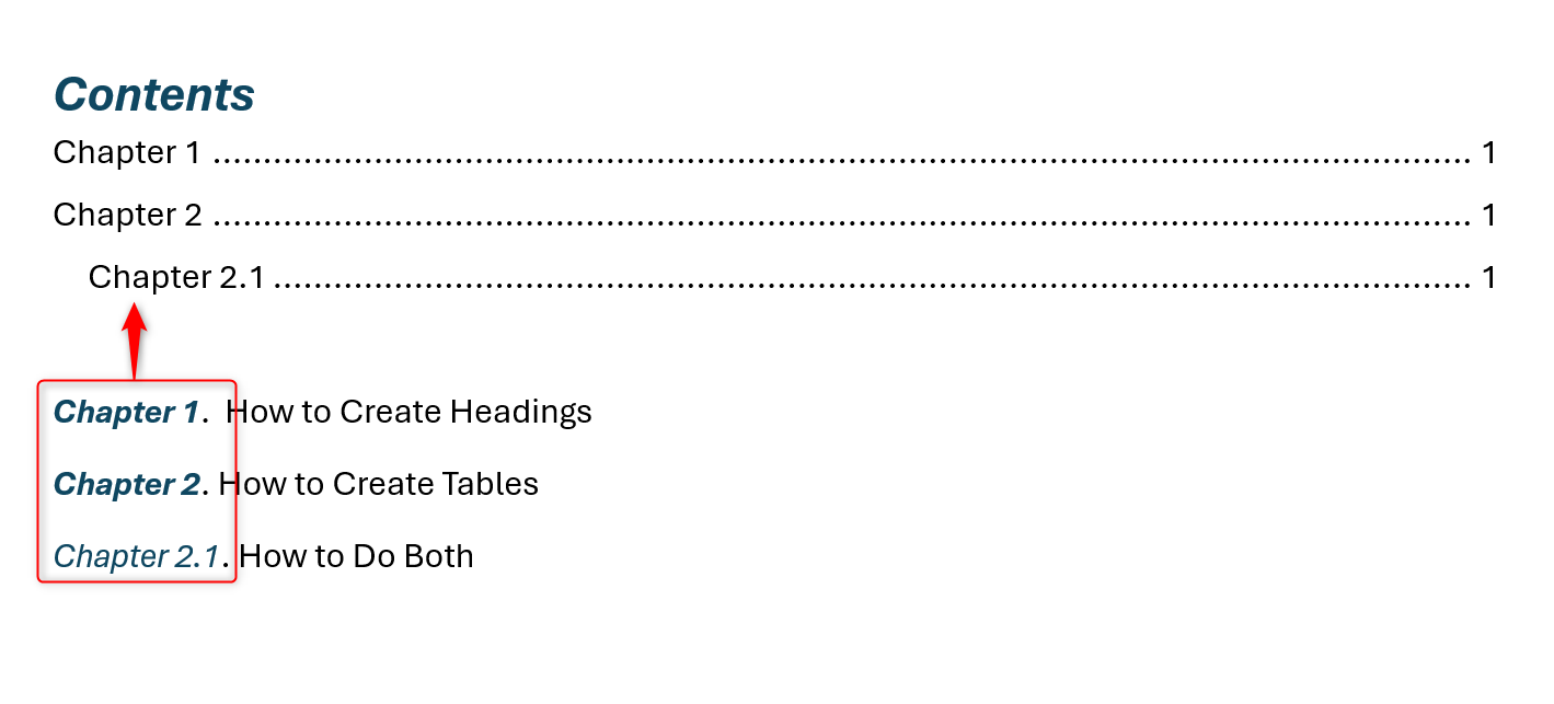 Word document showing a table of contents that has been automatically created through the use of heading styles.