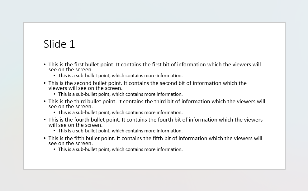 PPT slide showing five bullet points, each containing its own sub-bullet point.
