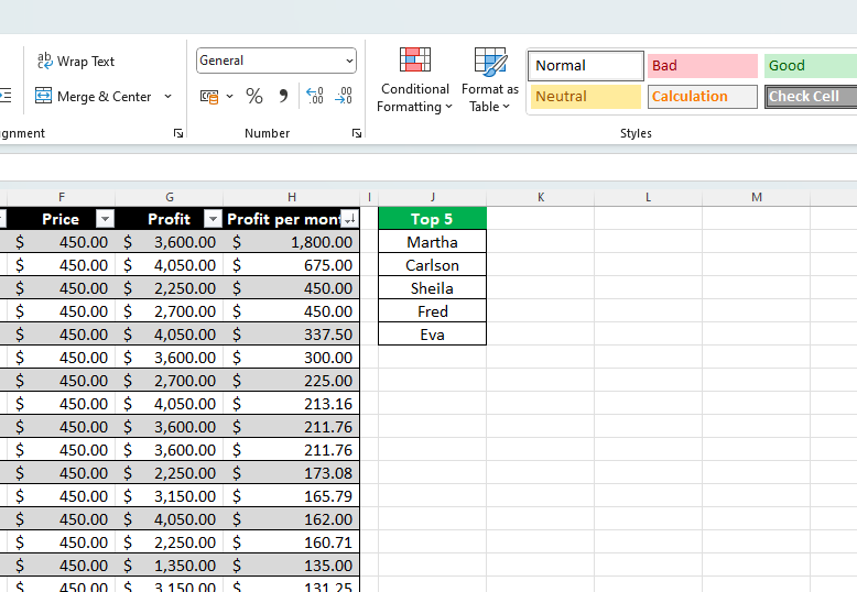 Excel sheet showing the result of using the TAKE formula in conjunction with an ordered column of data in the table.