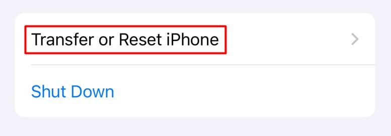 Transfer or Reset iPhone option in the iPhone Settings app.