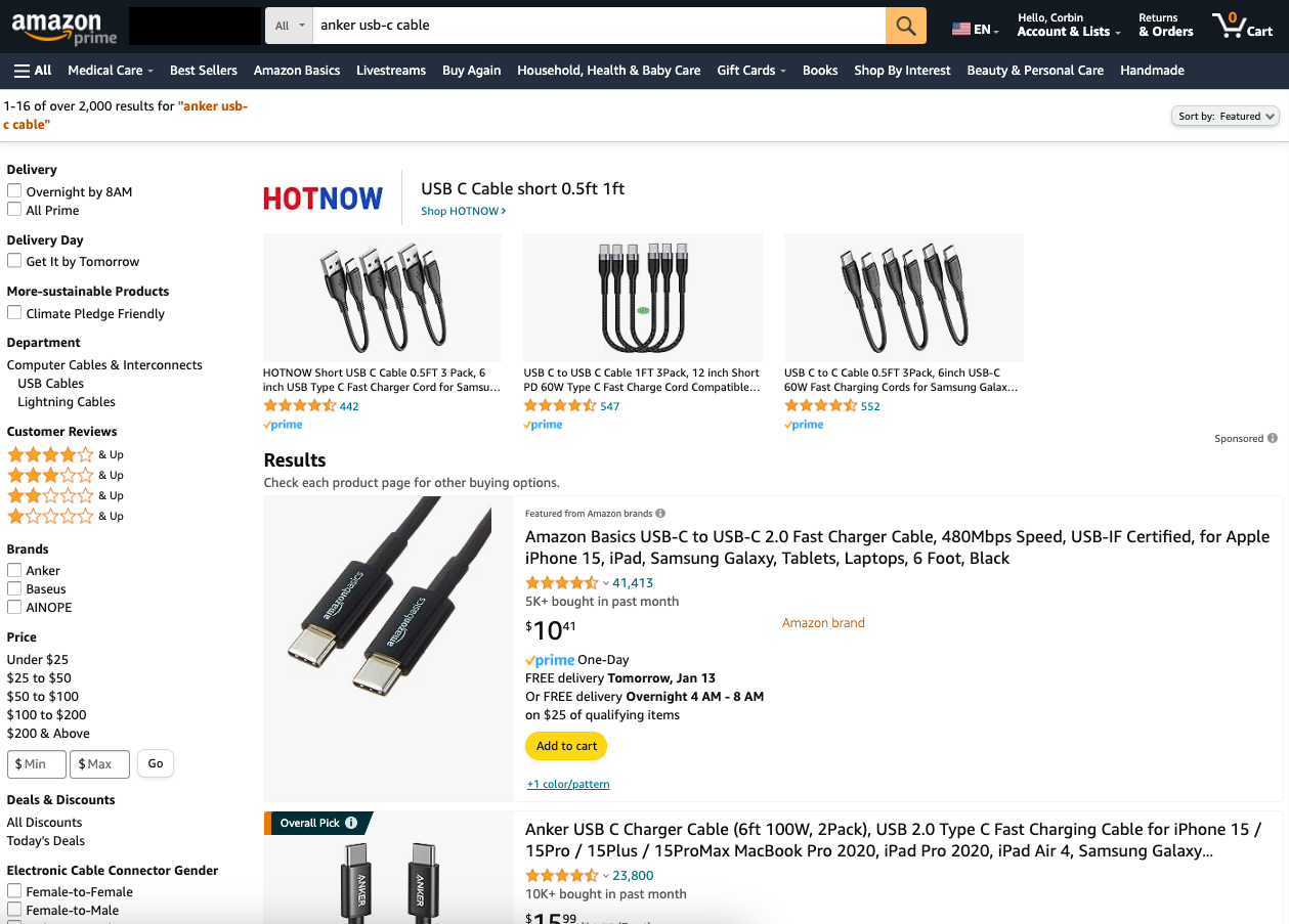 Веб-страница, на которой представлены различные кабели USB-C, продаваемые на Amazon.