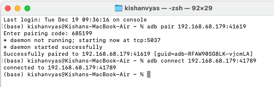 A Terminal window on a Mac. The screen displays ADB commands for pairing a Wear OS smartwatch.