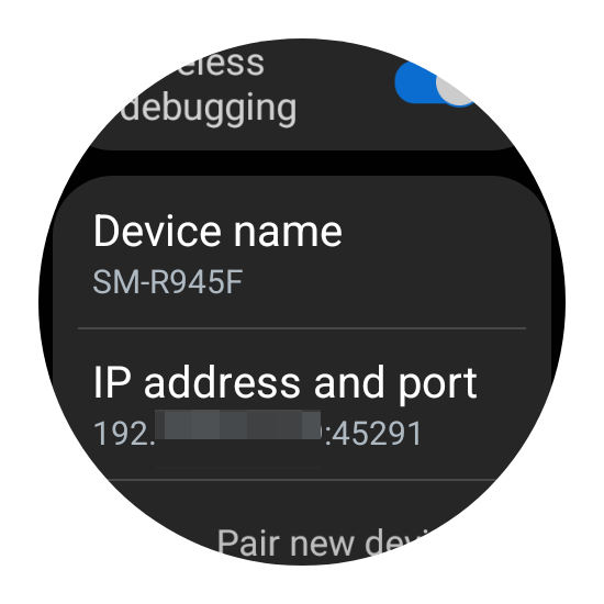Wireless Debugging menu on a Wear OS smartwatch displaying IP address and port.
