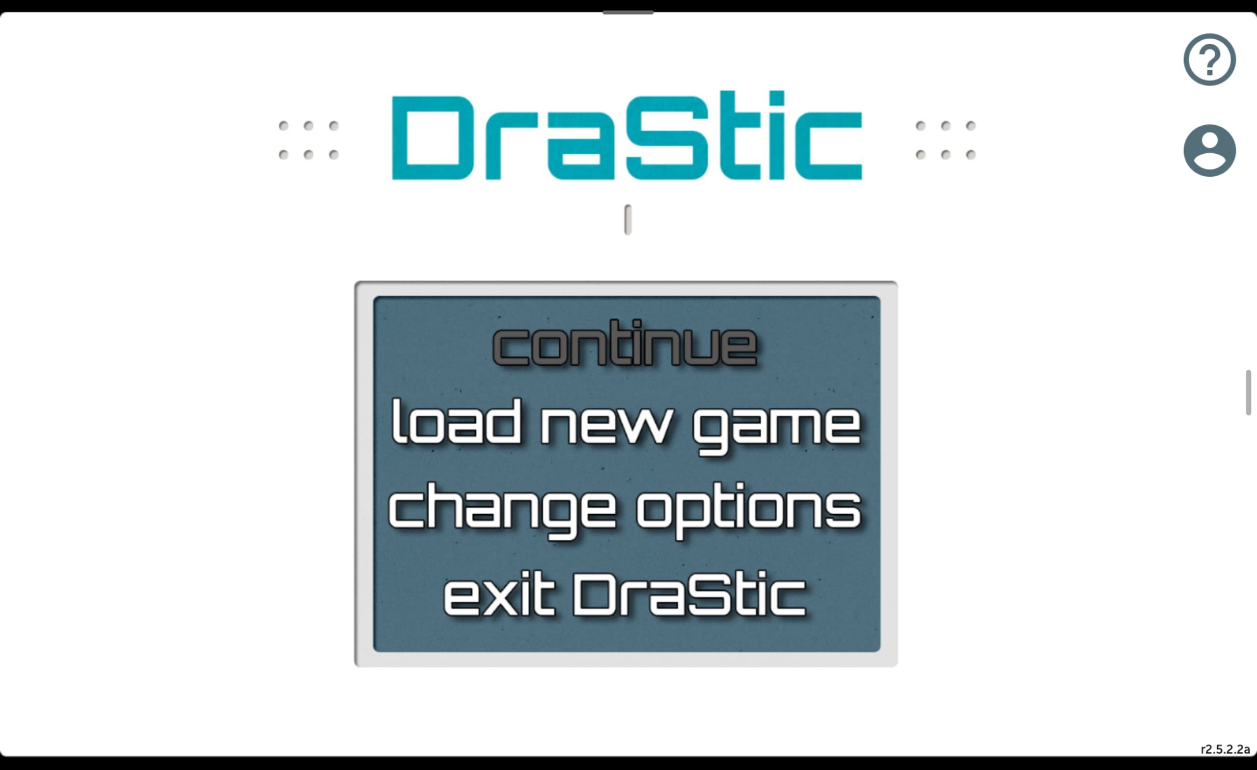 A screenshot capturing the DraStic emulator homescreen.