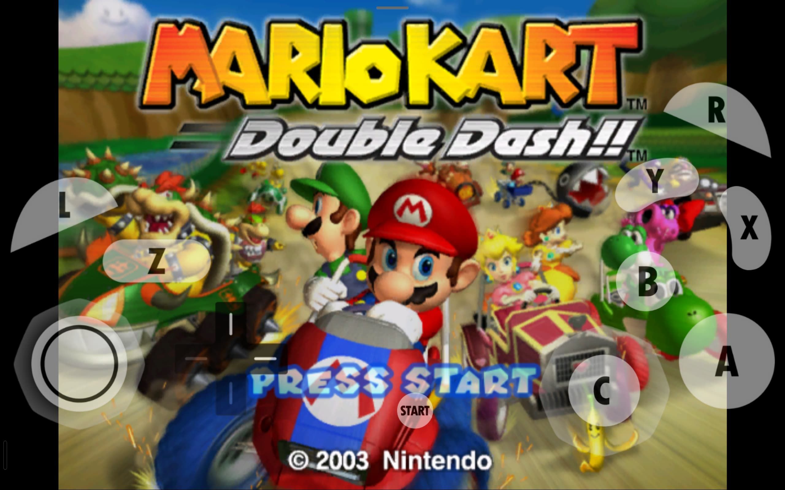 A screenshot of Mario Kart main screen on Dolphin emulator for Android.