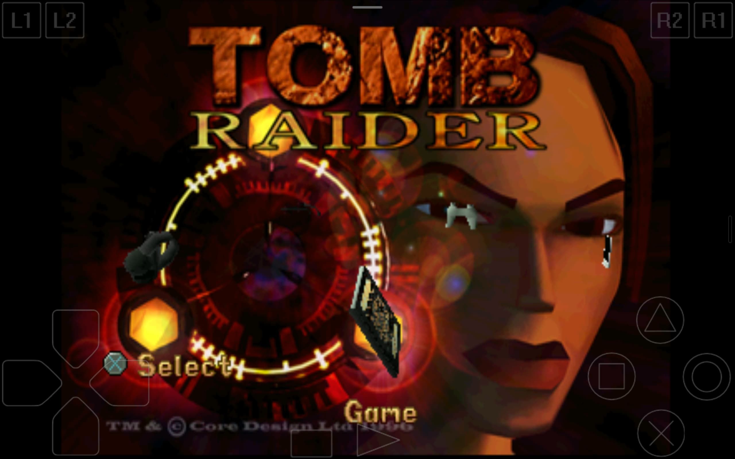 A screenshot of Tomb Raider gameplay on ePSXe Android.
